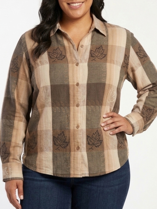 Northcrest Tops - Northcrest Plaid Cotton Shirt in Tan and Brown